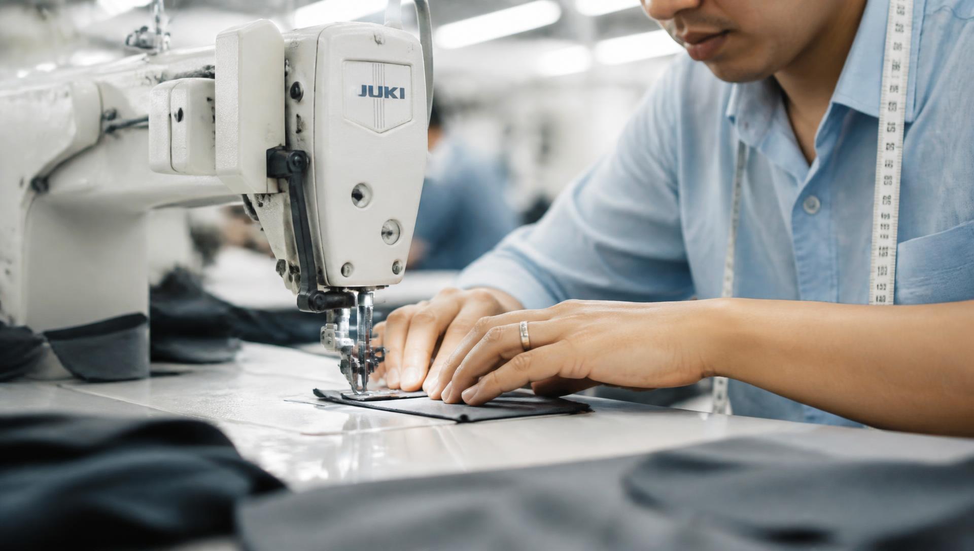 Garment technician stitching apparel on an industrial sewing machine